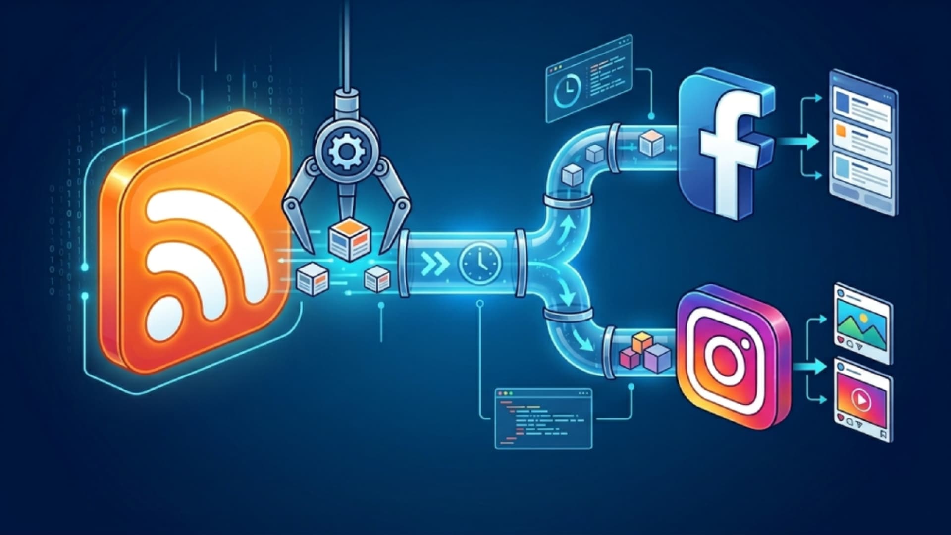 Automatyczny RSS scraper → Facebook & Instagram — Silnik scrape'ujący RSS / źródła newsowe i publikujący posty oraz relacje na Facebooka i Instagrama bez udziału człowieka.